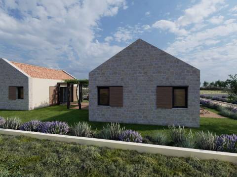 Skradin/Bićine, građevinsko zemljište + 4 projekt kamene kuće