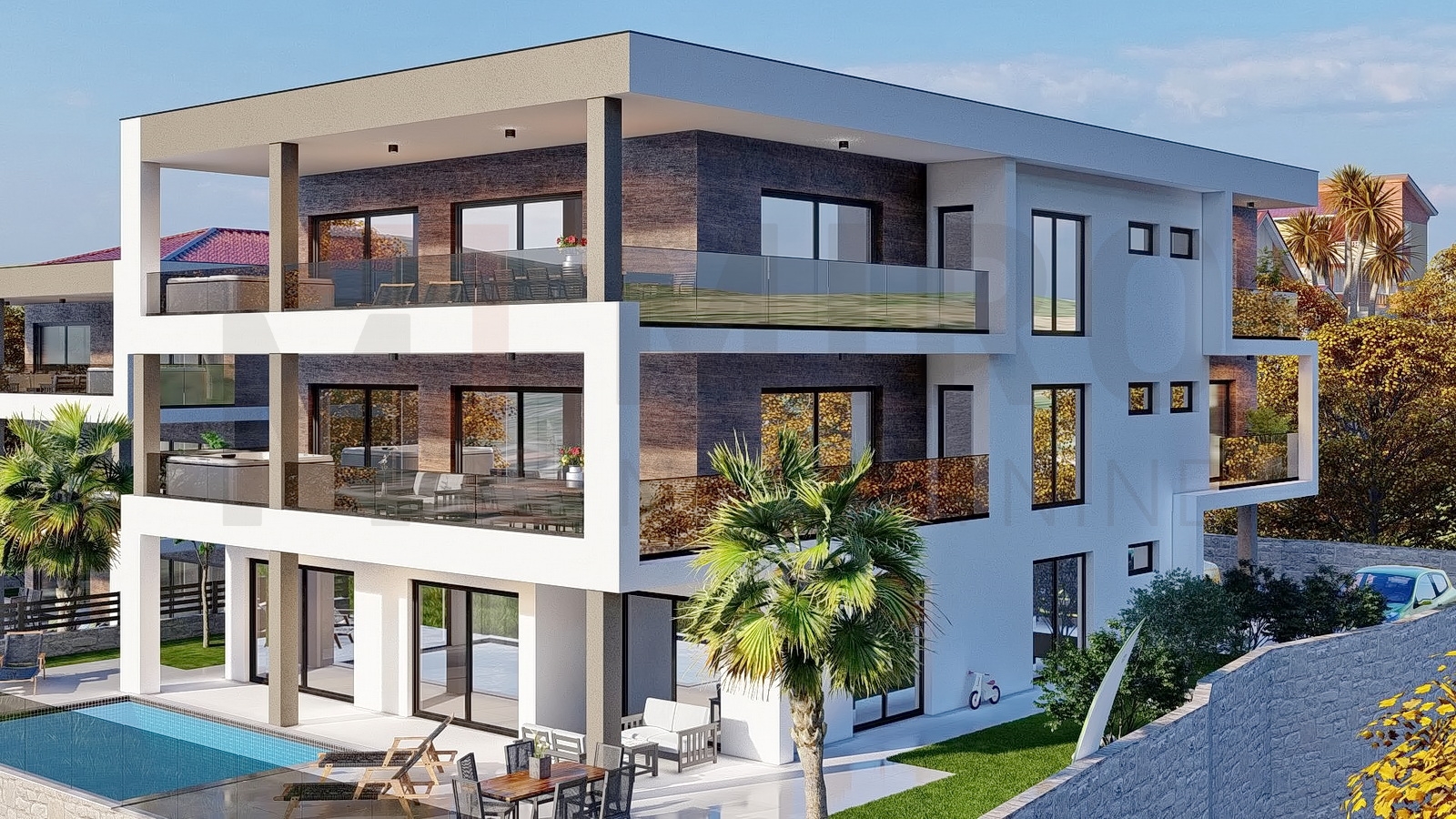 Vrbnik, novogradnja, luksuzni apartman u prizemlju s okućnicom i bazenom